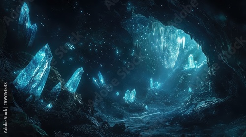 A deep, dark cave illuminated by crystals embedded in the walls