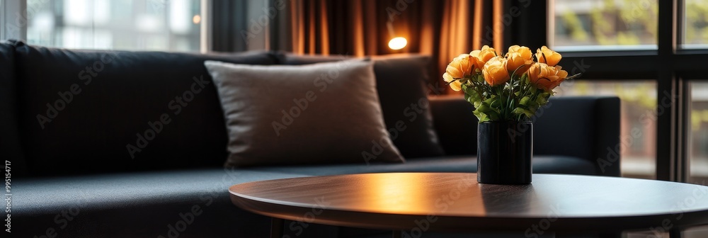 Modern Minimalist Living Room Interior Design with Yellow Flowers and a wooden coffee table, perfect for cozy living space and minimalist decor. Modern Minimalist Living Room Interior Design with Yellow Flowers and a wooden coffee table, perfect for cozy living space and minimalist decor.
