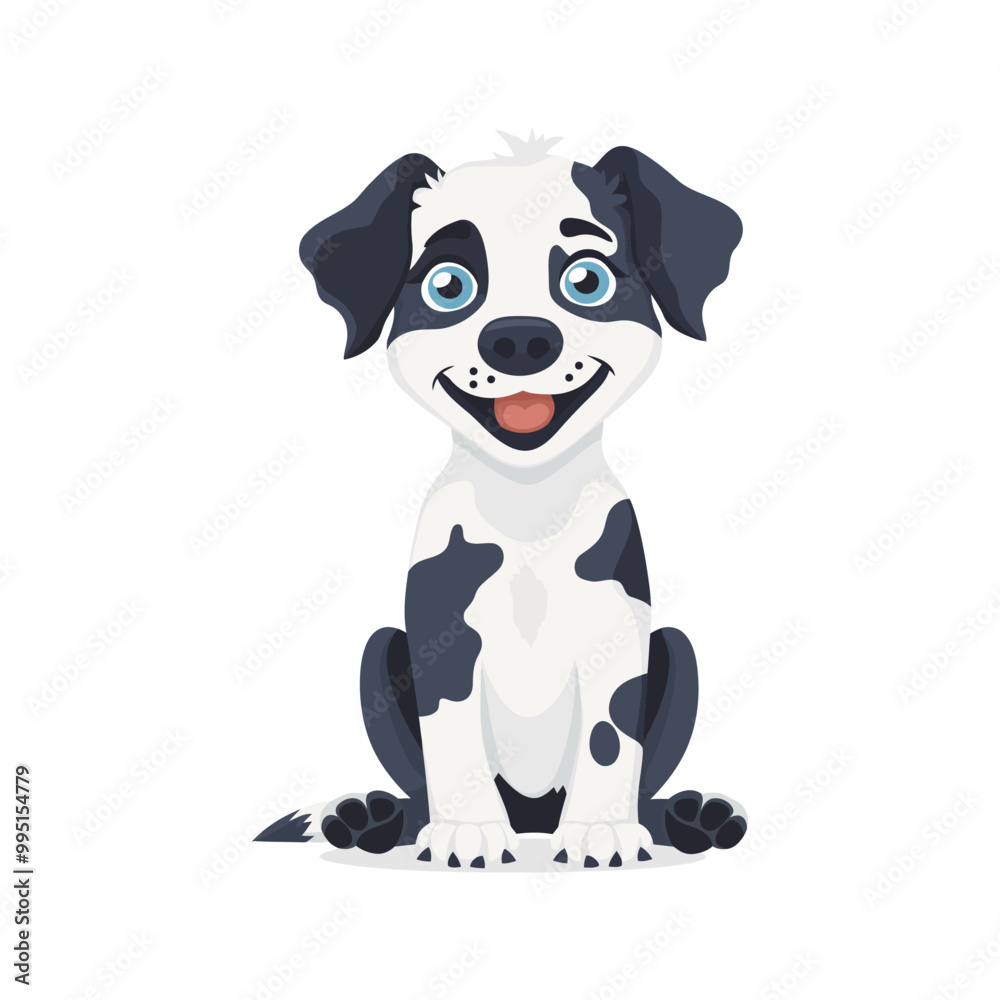 Fototapeta premium Front view of a happy black and white puppy with big blue eyes and a cheerful expression. Perfect for pet-themed projects, children's books, or animal-related designs
