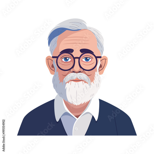 Front view of an elderly man with glasses and a thoughtful expression. Ideal for senior care, healthcare, or educational materials. Crisp, clean vector design with personality