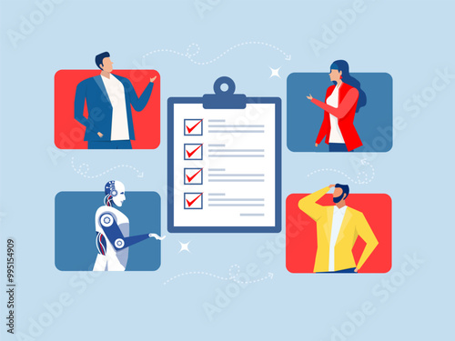 brainstorm or work discussion, task or meeting reminder clipboard, business people meeting with agenda checklist by Artificial Intelligence,robot new joiner to connect