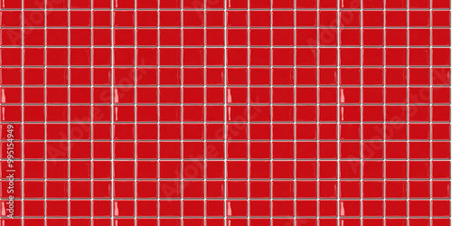 a seamless pattern of perfectly square, glossy bright red tiles with white grout © Coppi AI