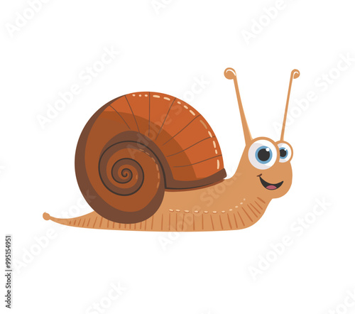 A cute vector illustration of a happy snail with a large spiral shell and expressive eyes. Perfect for children's books, educational materials, or nature-themed designs featuring animals and insects