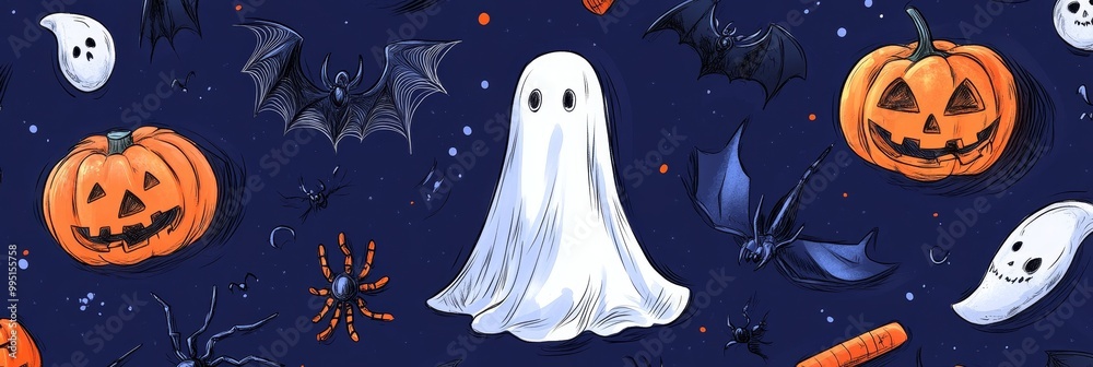 Spooky Halloween Elements Pattern featuring pumpkins, ghosts, bats, spiders and stars on a dark blue background. Spooky Halloween Elements Pattern featuring pumpkins, ghosts, bats, spiders and stars on a dark blue background.