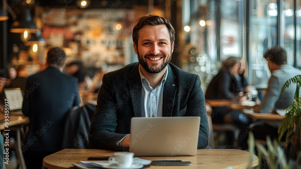 A smiling businessman with a laptop, sitting at a desk in a coworking space, surrounded by bustling activity A smiling businessman with a laptop, sitting at a desk in a coworking space, surrounded by bustling activity