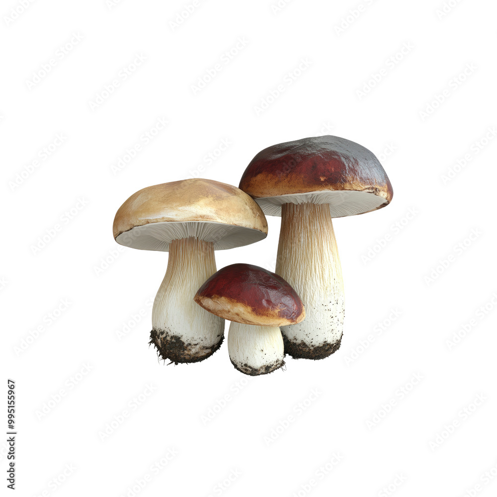 Closeup of three Cep Mushrooms on a White Background