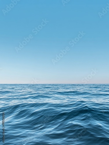 Tranquil Ocean Horizon, a serene seascape with a vast expanse of blue water, gentle ripples, and a clear sky, symbolizing peace, tranquility, and the vastness of nature.