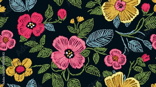 Seamless embroidery design featuring exquisite blossoms on a dark backdrop, perfect for fashion textiles and printed materials.