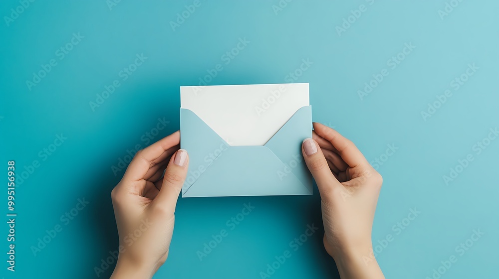 Hands Holding a Light Blue Envelope with a Blank White Card Inside Hands Holding a Light Blue Envelope with a Blank White Card Inside