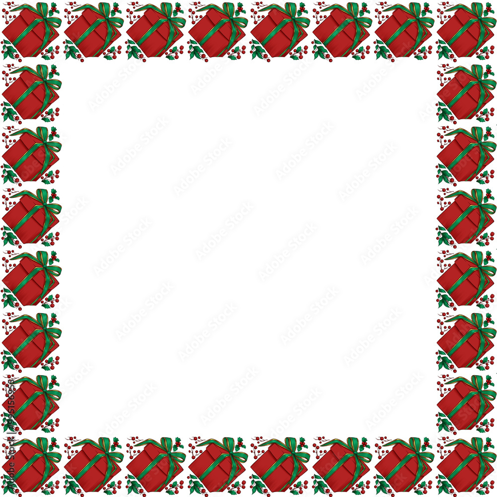Illustration of red gift box with green gold ribbon pattern on transparent background. Wallpaper, background, wrapping, decoration, fabric Illustration of red gift box with green gold ribbon pattern on transparent background. Wallpaper, background, wrapping, decoration, fabric