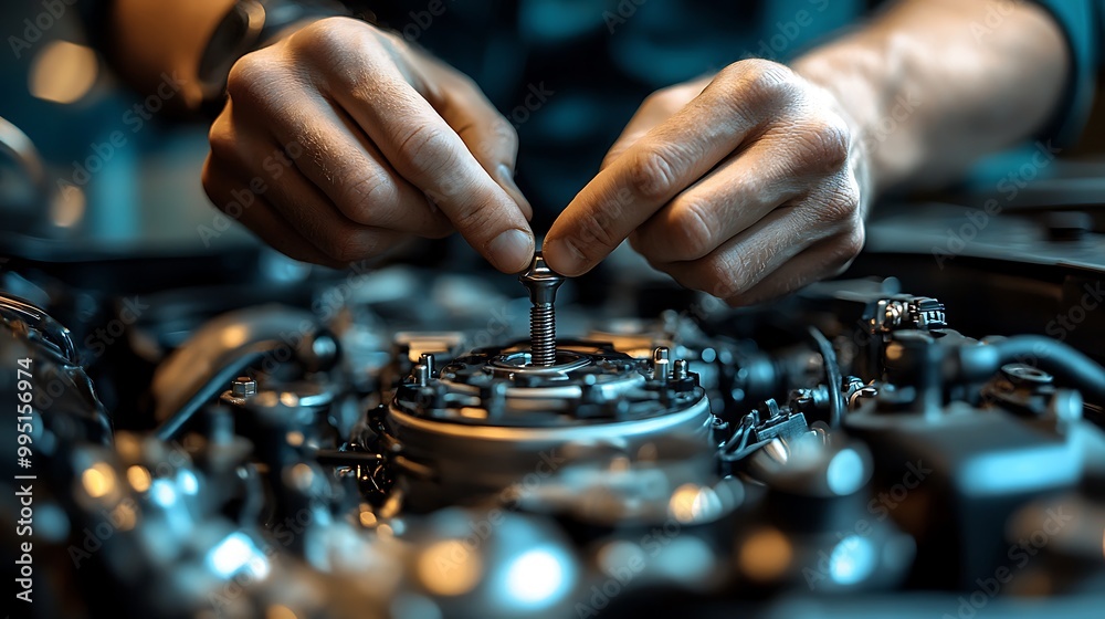 Mechanic’s hands working under the hood of a car, tightening a bolt with a wrench, surrounded by intricate engine parts, Mechanic’s hands working under the hood of a car, tightening a bolt with a wrench, surrounded by intricate engine parts,