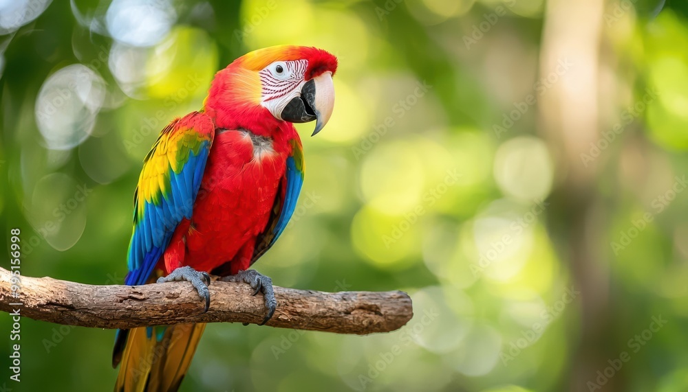 Colorful parrot perched on branch, blurred green background Colorful parrot perched on branch, blurred green background