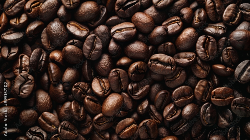 Naklejka premium Close up of coffee bean background, top view. Photorealistic high resolution macro photography for advertising or food design.