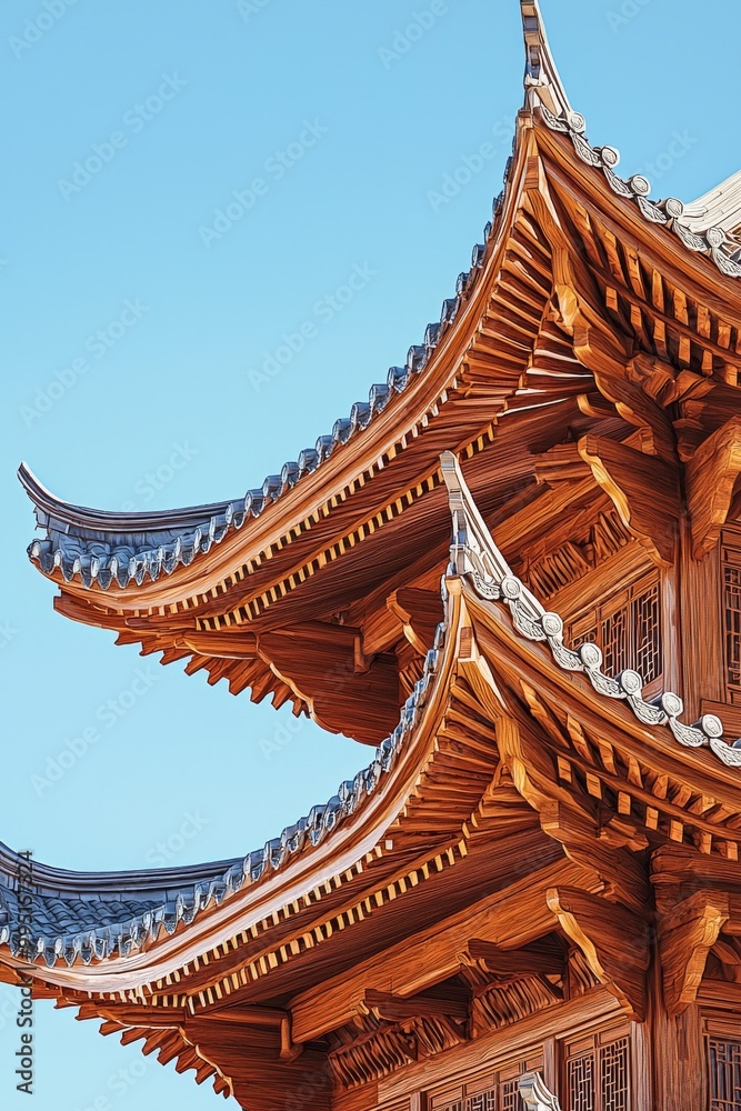 Traditional Chinese wooden pagoda, hyper-realistic style, detailed wooden structure, intricate carvings, layered flying eaves, rich historical texture, ancient wood colors, clear blue sky, majestic an Traditional Chinese wooden pagoda, hyper-realistic style, detailed wooden structure, intricate carvings, layered flying eaves, rich historical texture, ancient wood colors, clear blue sky, majestic an