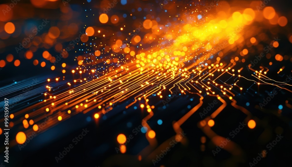 Obraz premium Abstract digital circuit with glowing particles and lights.