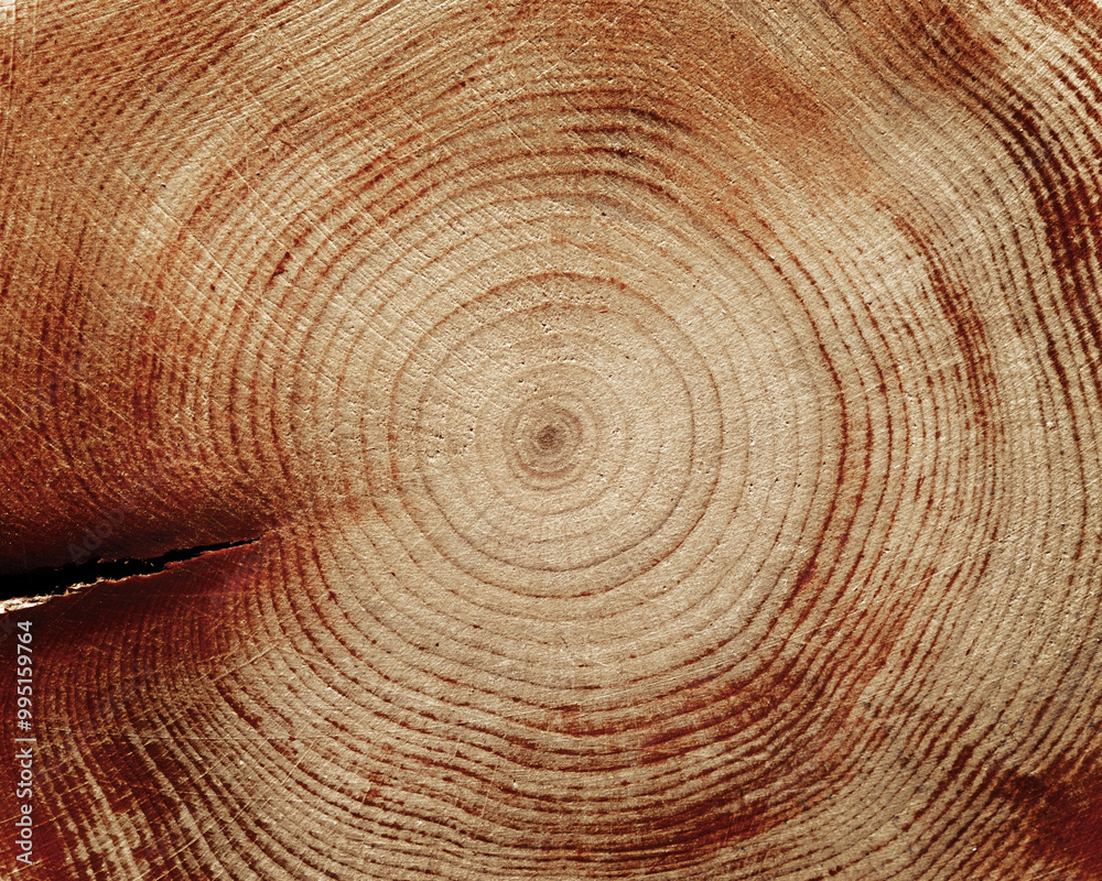 Naklejka premium Slice of wood timber with juniper tree rings and twigs as natural geometric pattern, abstract nature background. Natural wooden organic textures and shapes, brown beige gradient color, earthy color