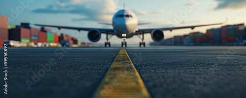Wallpaper Mural Airplane on runway in front of cargo containers at sunset Torontodigital.ca