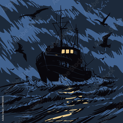 Fishing Boat in a Stormy Sea Silhouette Vector Illustration