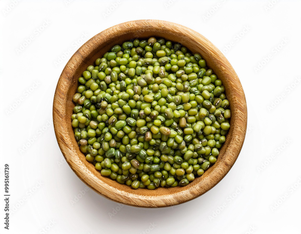 mung beans in wooden bowl, top view, flat lay, isolated white background mung beans in wooden bowl, top view, flat lay, isolated white background