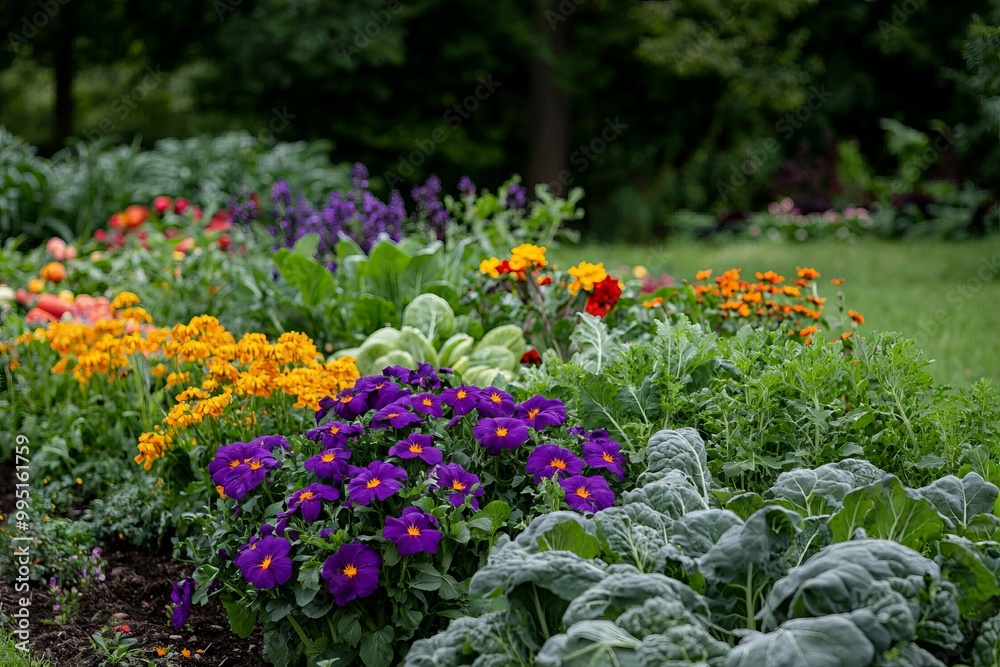 A vibrant display of vegetables and flowers in a community garden. The colorful array showcases the hard work A vibrant display of vegetables and flowers in a community garden. The colorful array showcases the hard work
