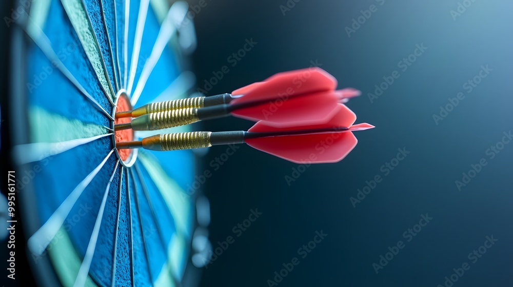 Three darts and business target background and copyspace on the left. Marketing and advertising concept. 