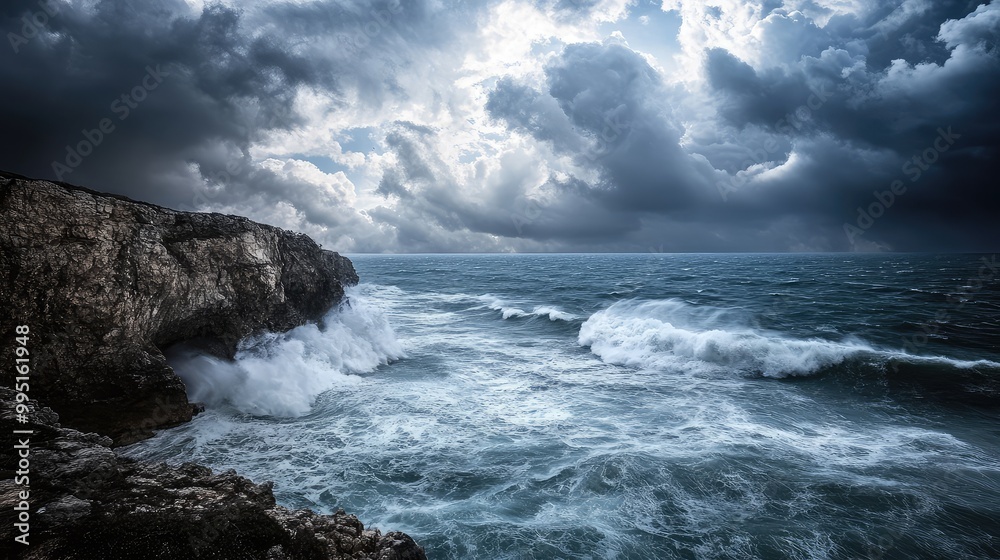 A dramatic cliffside view of the ocean during a storm A dramatic cliffside view of the ocean during a storm