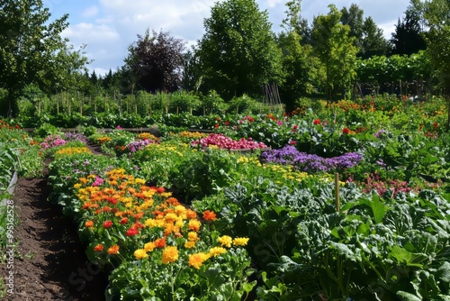 A vibrant display of vegetables and flowers in a community garden. The colorful array showcases the hard work