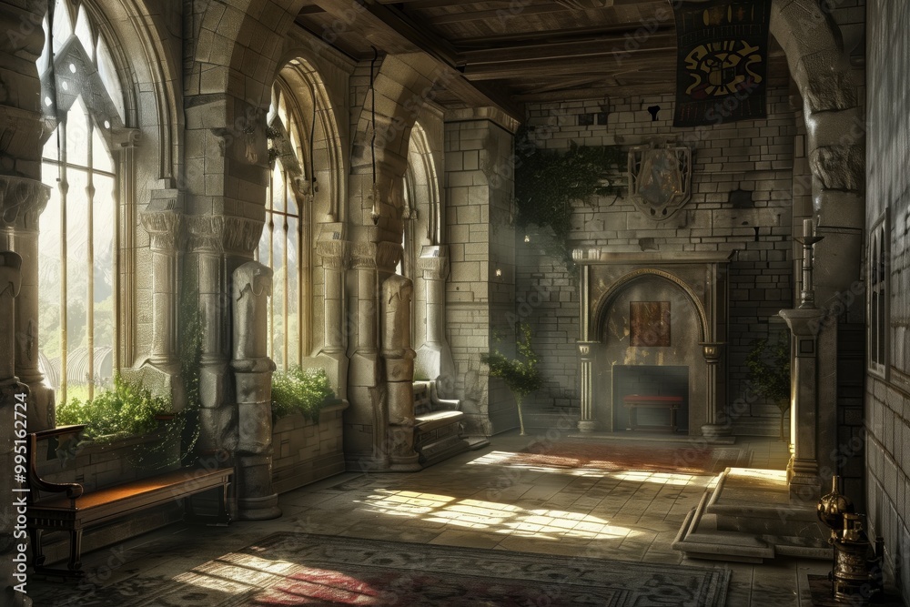 Sunlit Interior of a Grand Ancient Castle Hall Sunlit Interior of a Grand Ancient Castle Hall