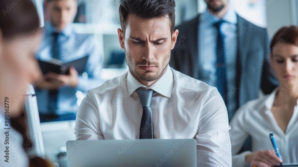 Busy Businessman: Intense Manager Working on Laptop Surrounded by Secretary and Assistants. Teamwork Job Concept Busy Businessman: Intense Manager Working on Laptop Surrounded by Secretary and Assistants. Teamwork Job Concept