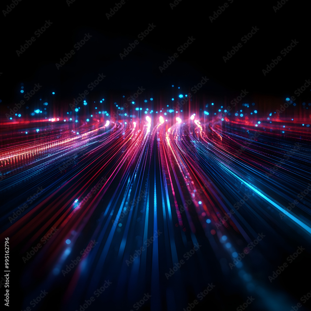Optical data concept depicted by abstract glowing lines on a dark background. The high speed, vast capacity data transmission enabled by optical fiber technology in today's digital age. Generative AI
