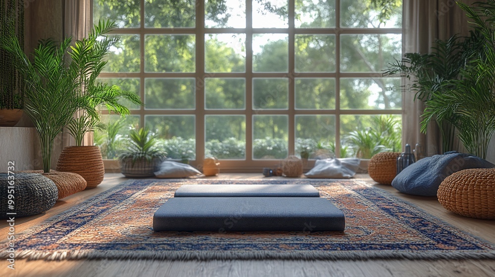 A peaceful yoga studio with a large window overlooking a lush green garden. A peaceful yoga studio with a large window overlooking a lush green garden.