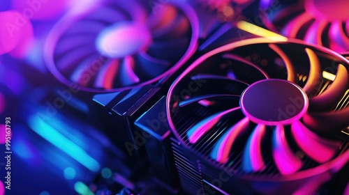 Close-up of vibrant computer cooling fans, isolated on black. photo