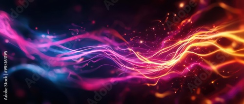 Colorful abstract light trails on a dark background.