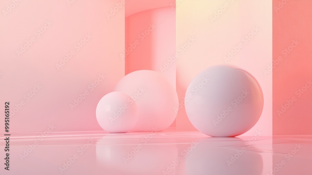 Abstract composition of three glossy spheres in a soft pink environment. Abstract composition of three glossy spheres in a soft pink environment.