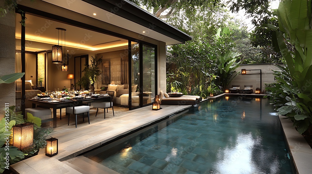 custom made wallpaper toronto digitalA luxury couple's poolside dinner at twilight, designer tableware and gourmet food displayed elegantly, soft warm glow from lanterns, reflections of the pool shimmering,