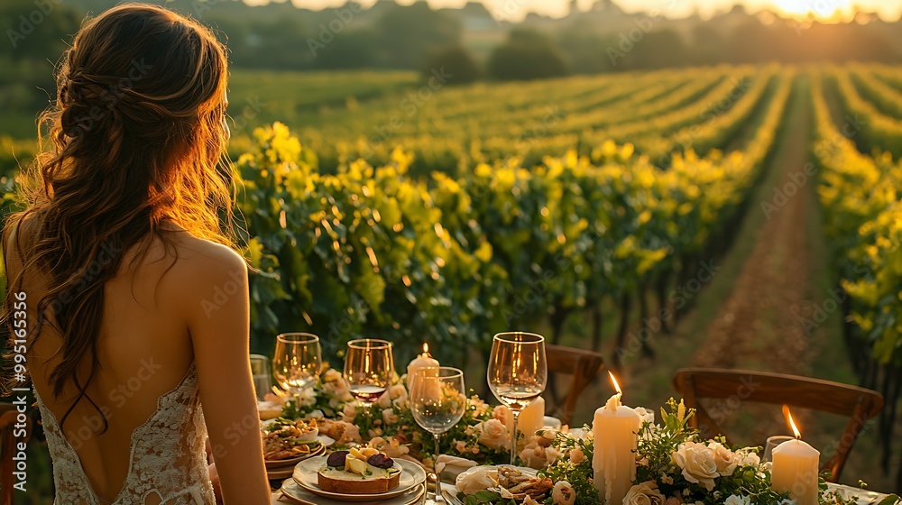 Fototapeta premium A luxury dinner at dusk in an exclusive vineyard, table adorned with candles and flowers, couple enjoying gourmet dishes and wine, grapevines extending into the distance,