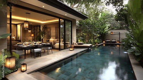 Wallpaper Mural A luxury couple's poolside dinner at twilight, designer tableware and gourmet food displayed elegantly, soft warm glow from lanterns, reflections of the pool shimmering, Torontodigital.ca