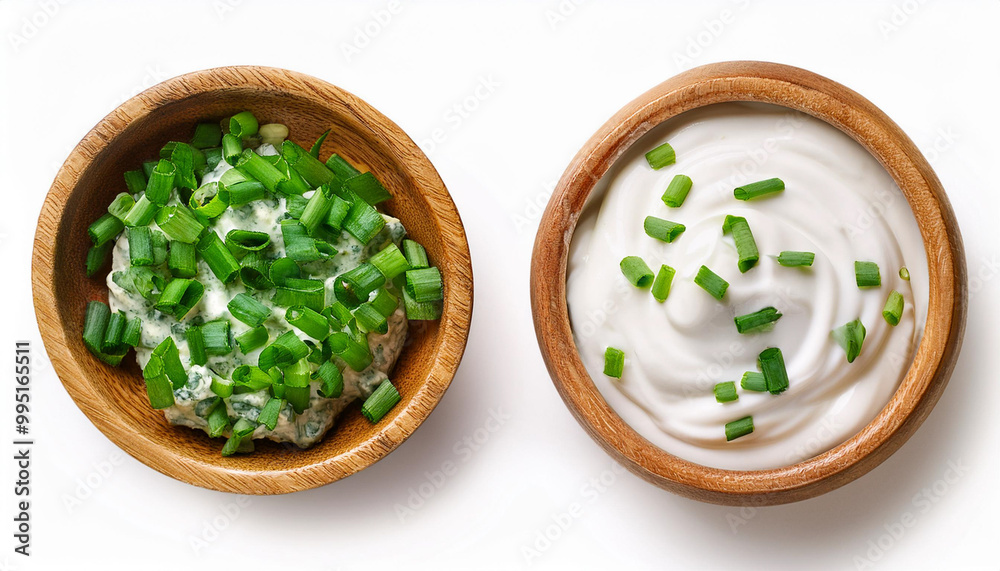 sour cream dip sauce with herbs and green onions on wooden bowl, isolated on white background sour cream dip sauce with herbs and green onions on wooden bowl, isolated on white background