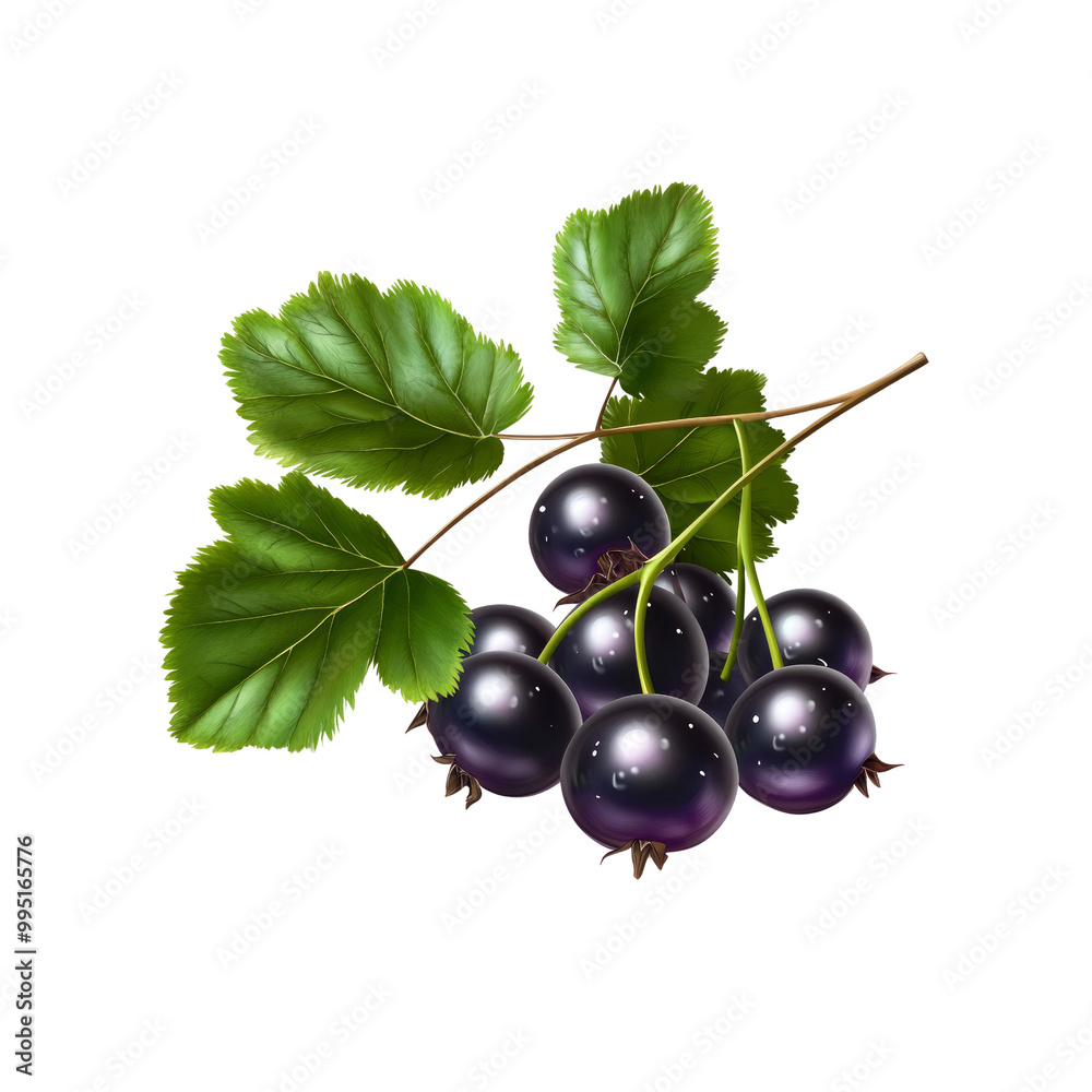 Ripe Black Currants on a Branch with Green Leaves Ripe Black Currants on a Branch with Green Leaves