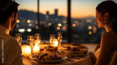 A luxury hotel suite set for a private romantic dinner, elegant table with candles and gourmet dishes, soft ambient lighting, couple in formal attire enjoying the moment,