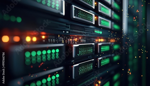 Data center equipment with glowing lights and servers.