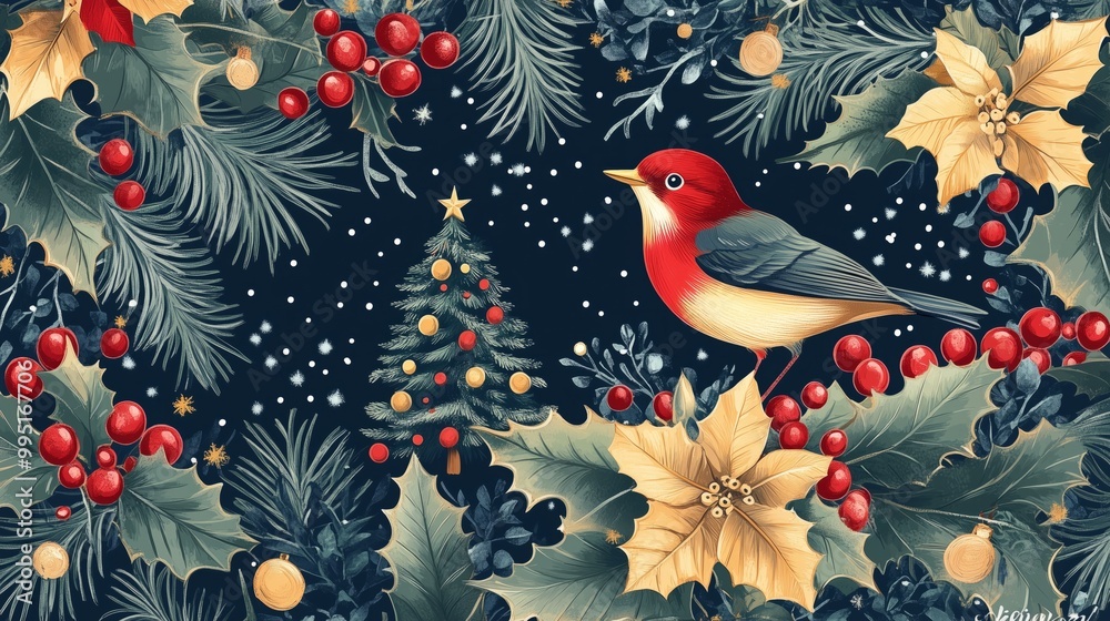 Fototapeta premium Merry and Bright Horizontal Holiday cards. Christmas, Holiday templates with ornate floral motives, greetings, Christmas Tree, bird, ornate banner or header and floral background.