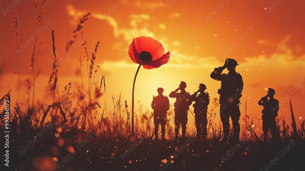 A group of soldiers stand in a field with a red poppy in the foreground A group of soldiers stand in a field with a red poppy in the foreground