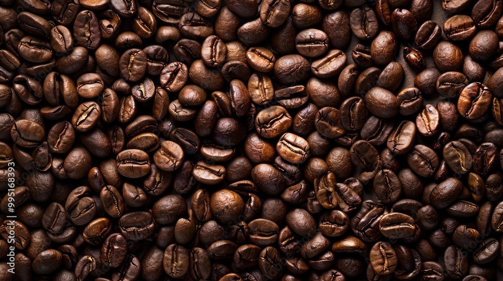 Obraz premium Close up of coffee bean background, top view. Photorealistic high resolution macro photography for advertising or food design.