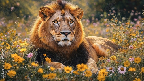 Majestic Lion in Wildflower Meadow, a powerful lion rests among vibrant blooms, showcasing its strength and regal presence in a serene natural setting, exuding confidence and beauty.