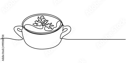 Continuous one single line of a soup with spoon food concept in silhouette on a white background. Linear stylized, Cartoon soup pictures for kids This is a vector illustration for preschool and home
