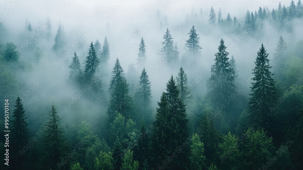 Fototapeta premium A foggy morning in a dense forest with towering trees