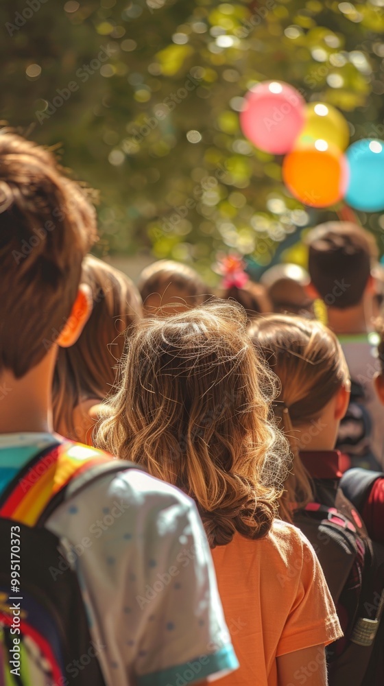A group of people are standing in a line, with some of them wearing backpacks A group of people are standing in a line, with some of them wearing backpacks