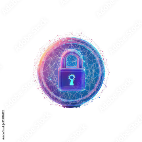 Digital Security Concept with Lock Icon in a Holographic Circle