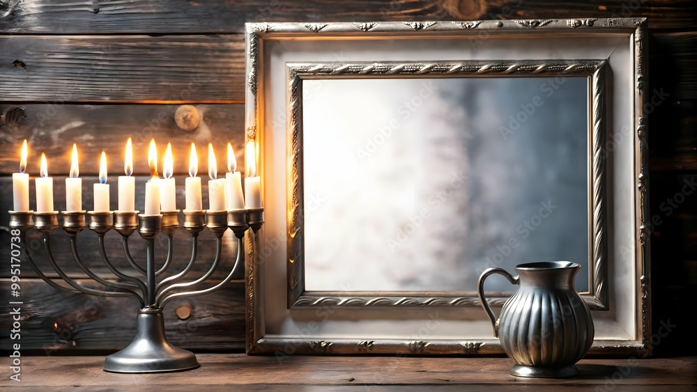 Flat Border Frame Featuring Hanukkah Oil Jug and Candles - Elegant Design with Copy Space for Festive Celebrations and Modern Layouts Flat Border Frame Featuring Hanukkah Oil Jug and Candles - Elegant Design with Copy Space for Festive Celebrations and Modern Layouts